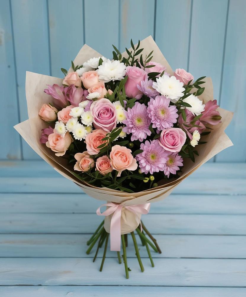 Букет цветов из: Хризантемы, Розы и Альстромерии в Зыково