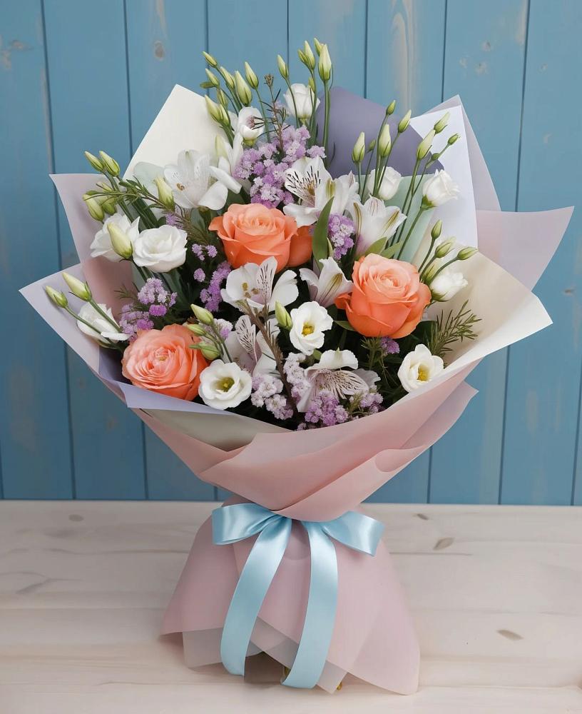 Букет цветов из: Лизиантусы, Розы, Альстромерии и Гипсофила в Зыково