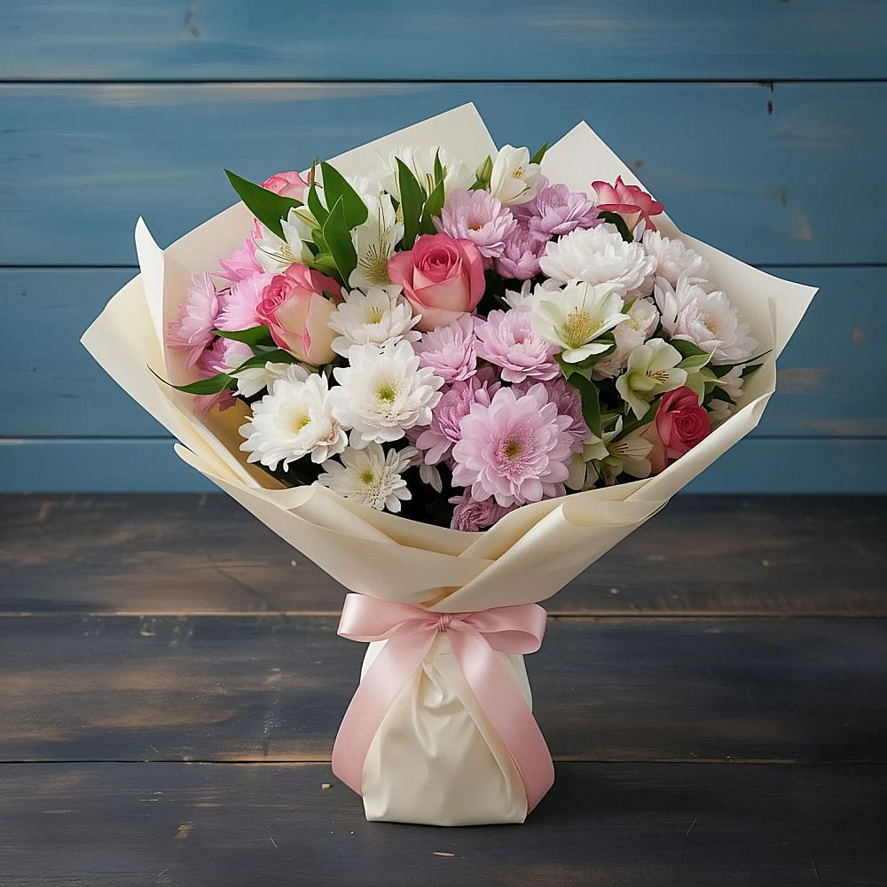 Букет цветов из: Хризантемы, Альстромерии и Розы в Зыково